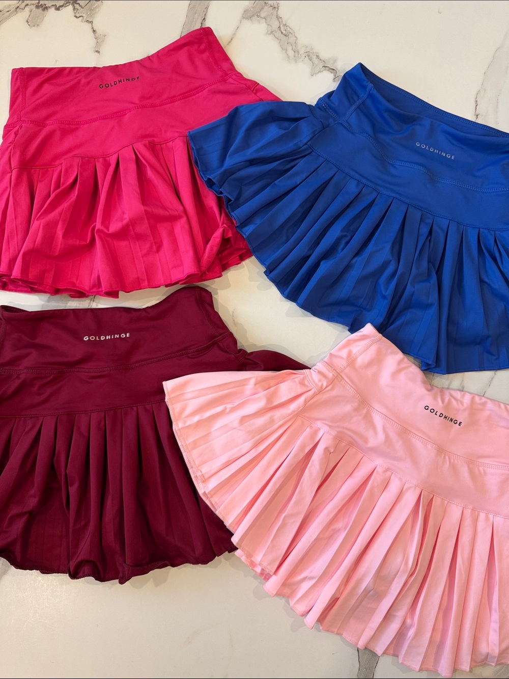 GOLDHINGE Pleated Skater Skirt — Hot Pink, Royal Blue, Burgundy & Light Pink